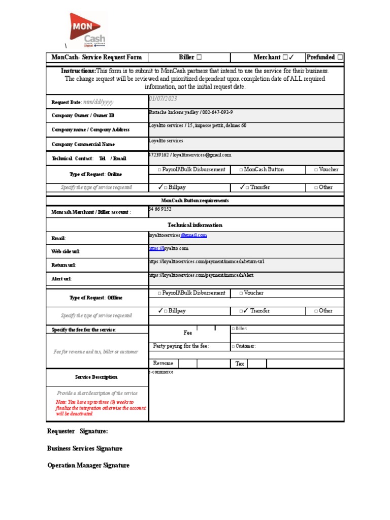 MonCash Merchant Service Request Form | PDF | Service Industries | Payments