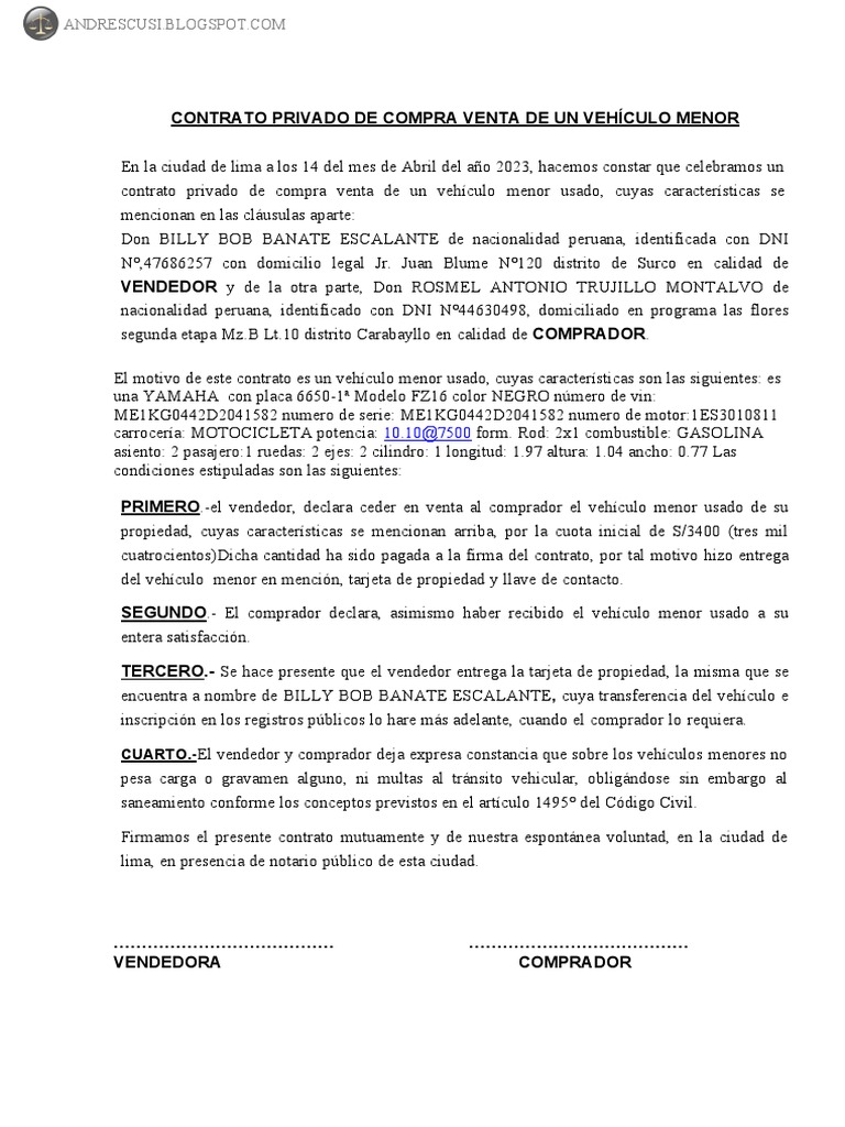 Contrato de Compra y Venta Lleno | PDF | Transporte | Vehículo de motor
