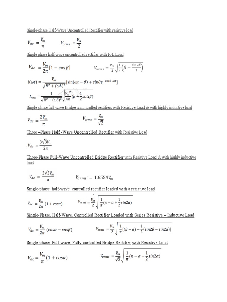Rectifiers Formula Sheet PDF