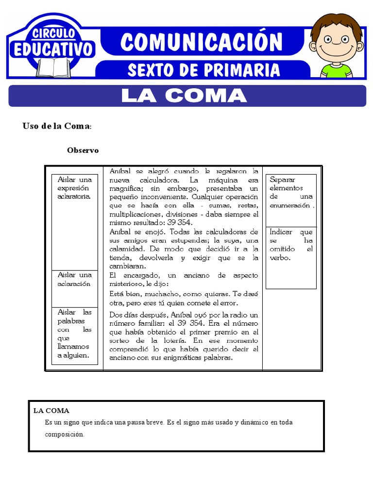Actividades Sobre El Uso de La Coma para Sexto de Primaria | PDF