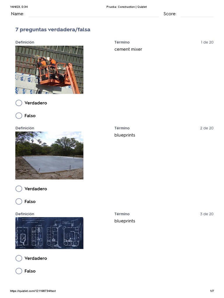 Prueba Construction Quizlet PDF