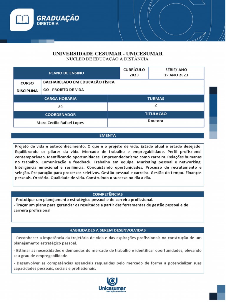 Plano de Ensino: Projeto de Vida em EAD | PDF | Pedagogia | Recrutamento