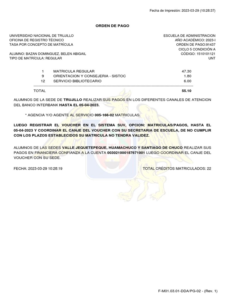 Orden de Pago 2023 | PDF | Bancario | Dinero