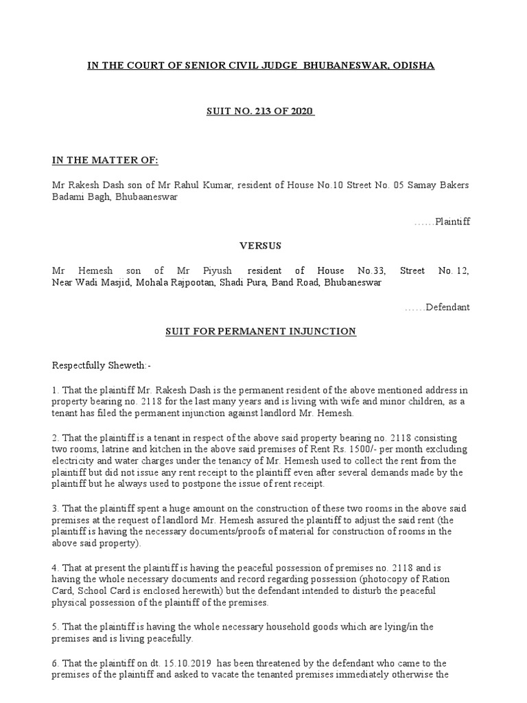 Tenant's Suit for Permanent Injunction | PDF | Lawsuit | Leasehold Estate
