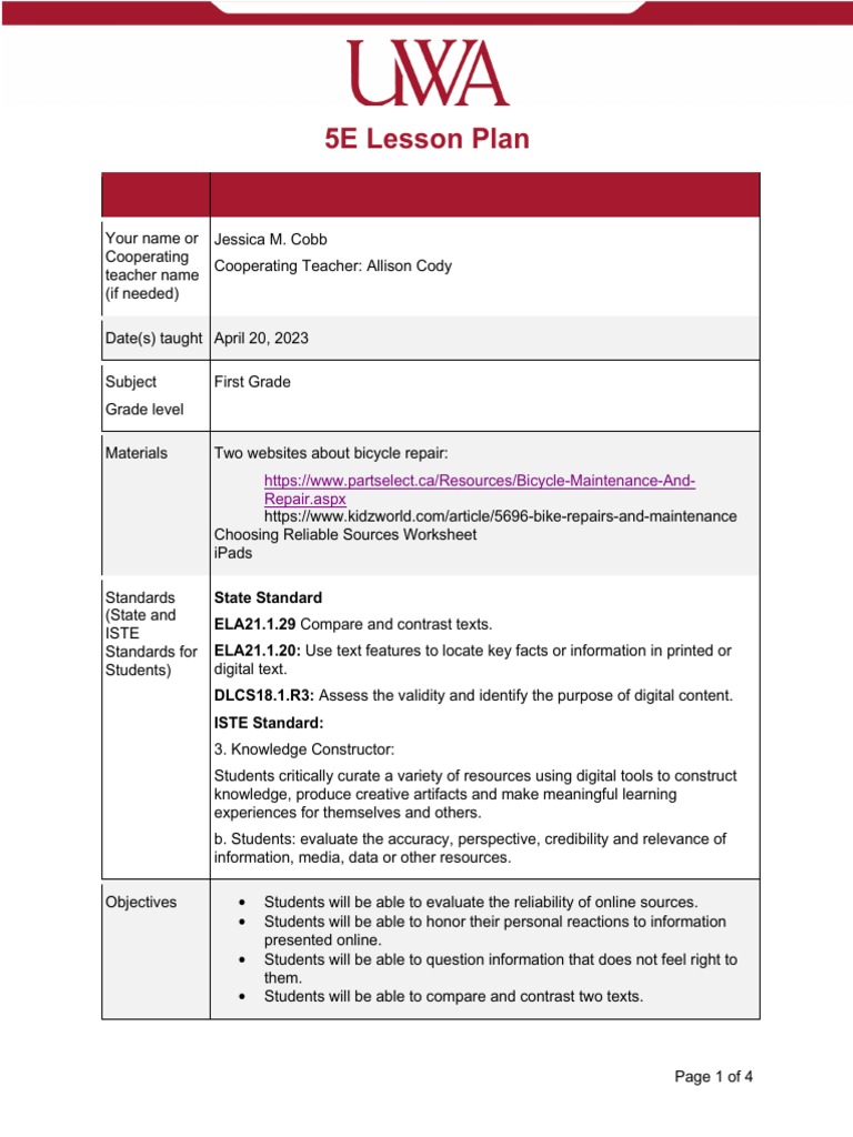 First Grade Bike Repair Lesson Plan | PDF | Teachers | Lesson Plan