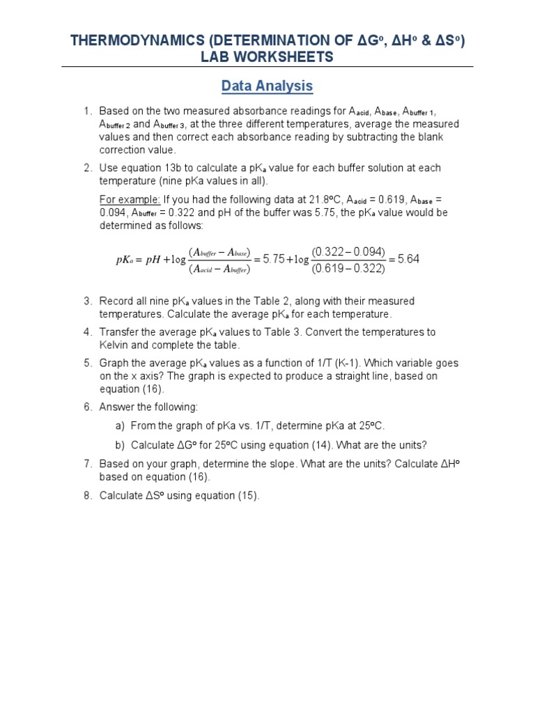 Thermodynamics Worksheets PDF Buffer Solution Acid Dissociation