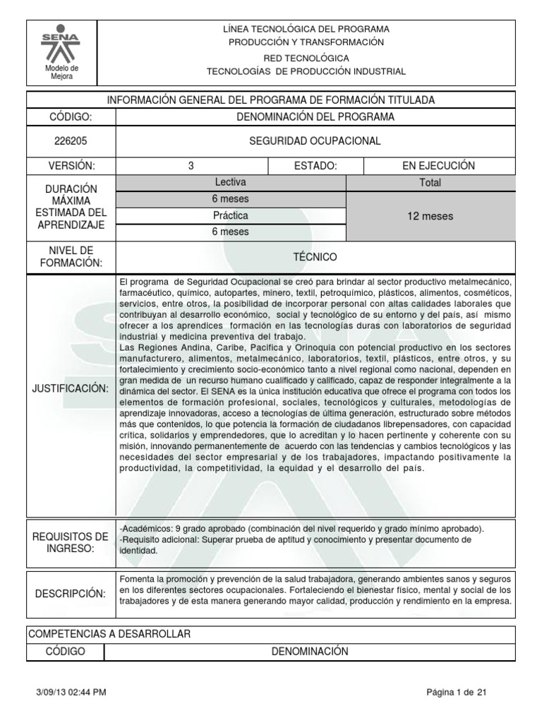 Programa Técnico en Seguridad Ocupacional | PDF | Seguridad y salud ...