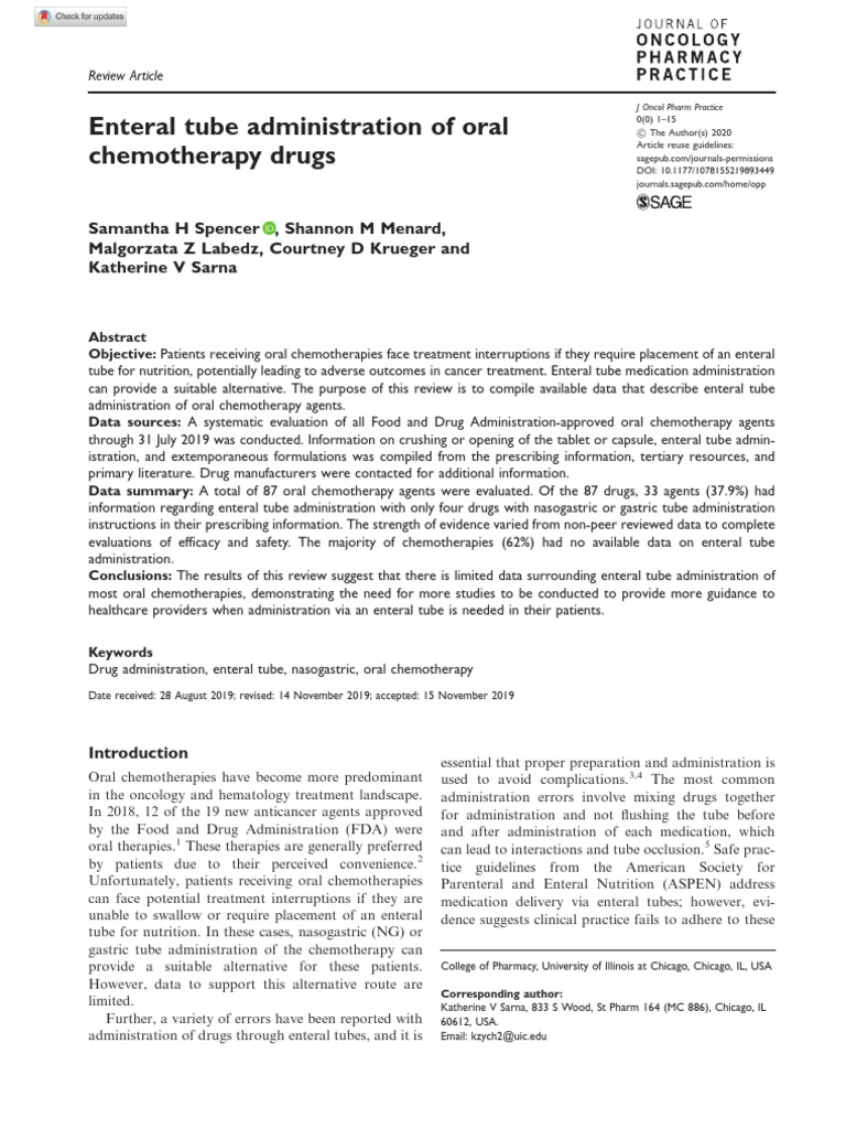 Enteral Tube Administration of Oral Chemotherapy Drugs PDF Pharmaceutical Formulation