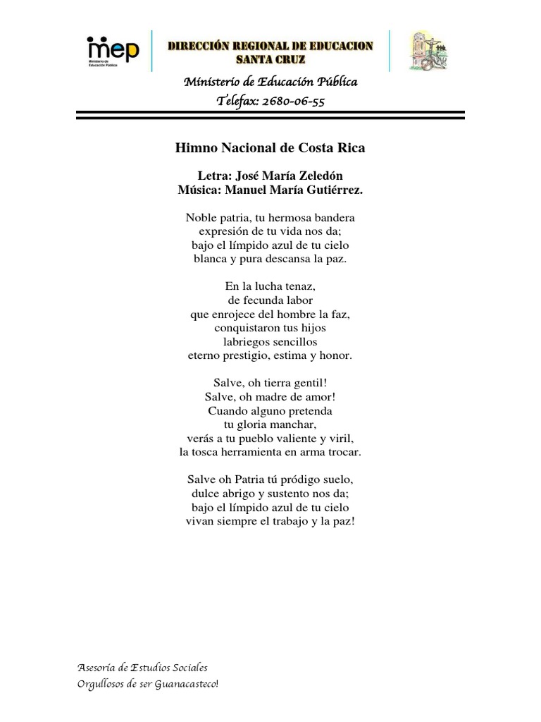 Letra del Himno Nacional de Costa Rica | PDF