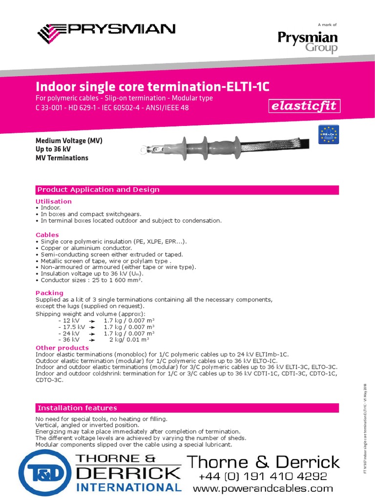 Prysmian Elasticfit Cable Terminations 11kV 33kV Single Core XLPE EPR ...
