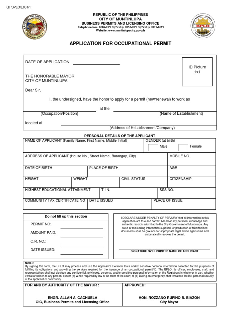BPLO Application Form For Occupational Permit Revised 07012022 1