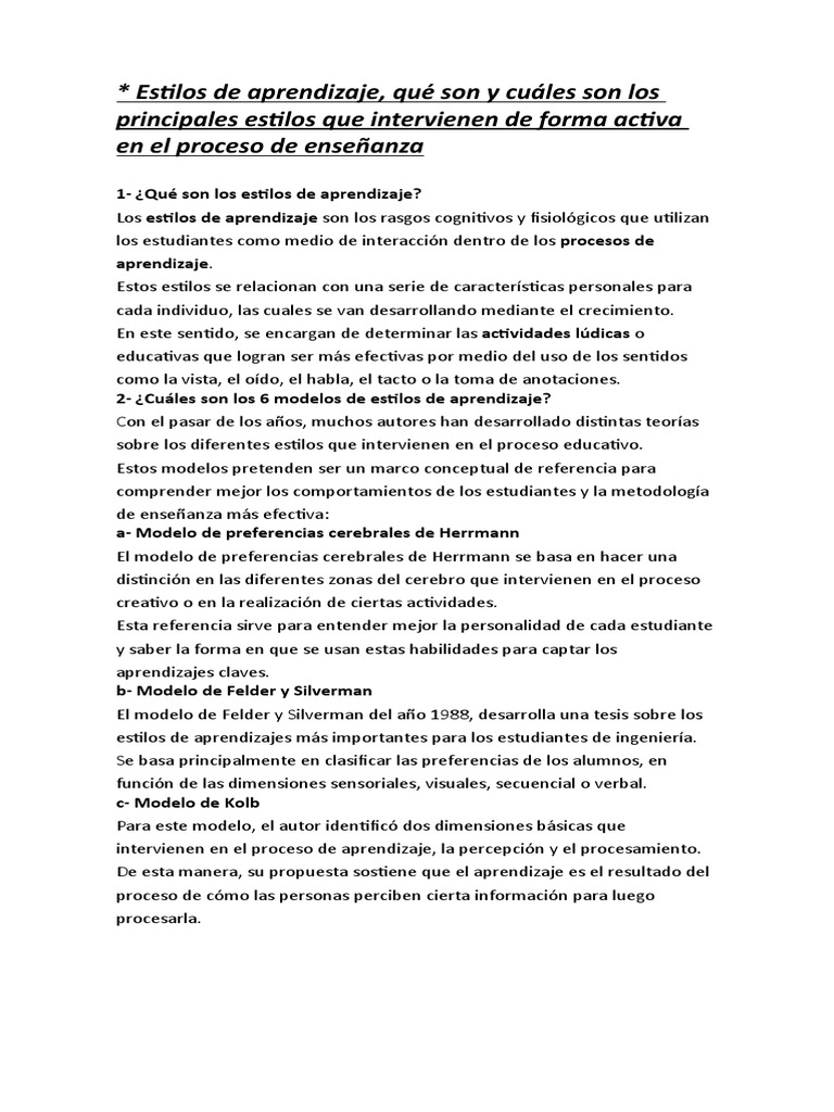 Estilos de Aprendizaje: Tipos y Modelos | PDF | Aprendizaje ...