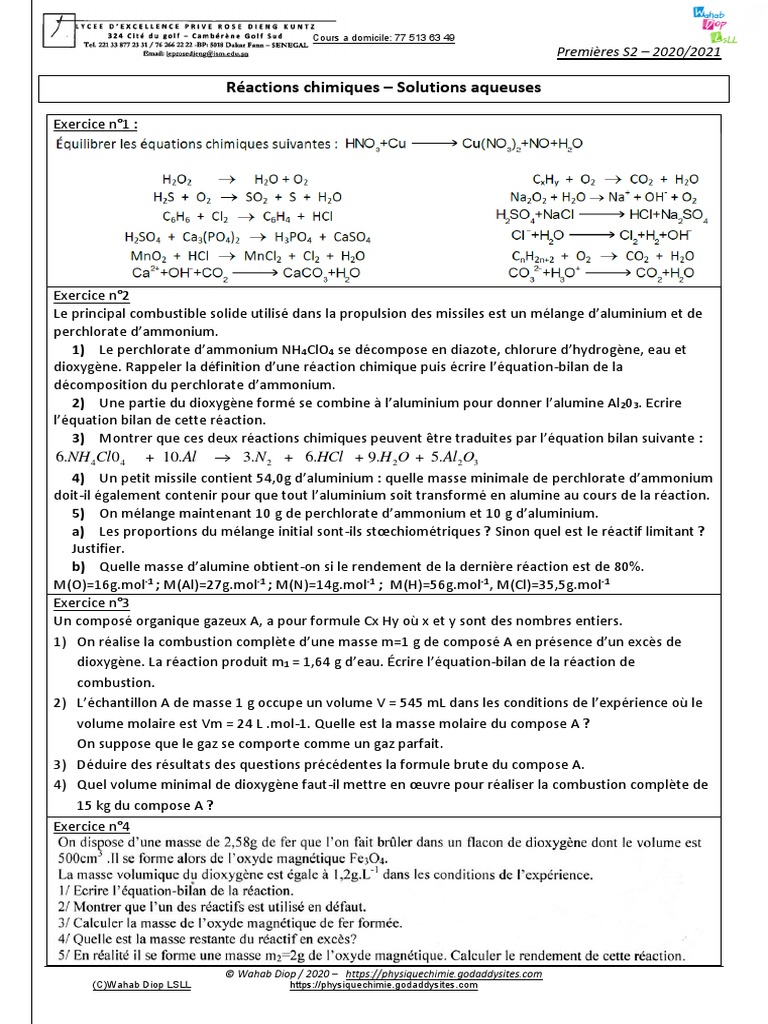 Réactions Chimiques 2021-WahabDiop | PDF | Stœchiométrie | Matériaux