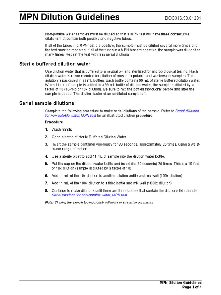 MPN Dilution Guidelines Sterile Buffered Dilution Water PDF Water