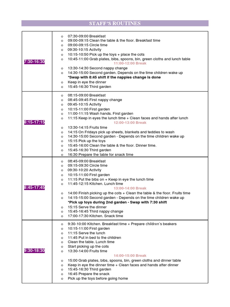 Staff Routines | PDF | Foods | Meal
