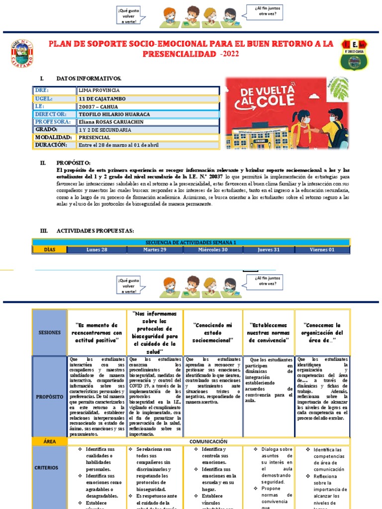 1 y 2 Plan de Soporte Socio Emocional 2022 | PDF | Las emociones ...