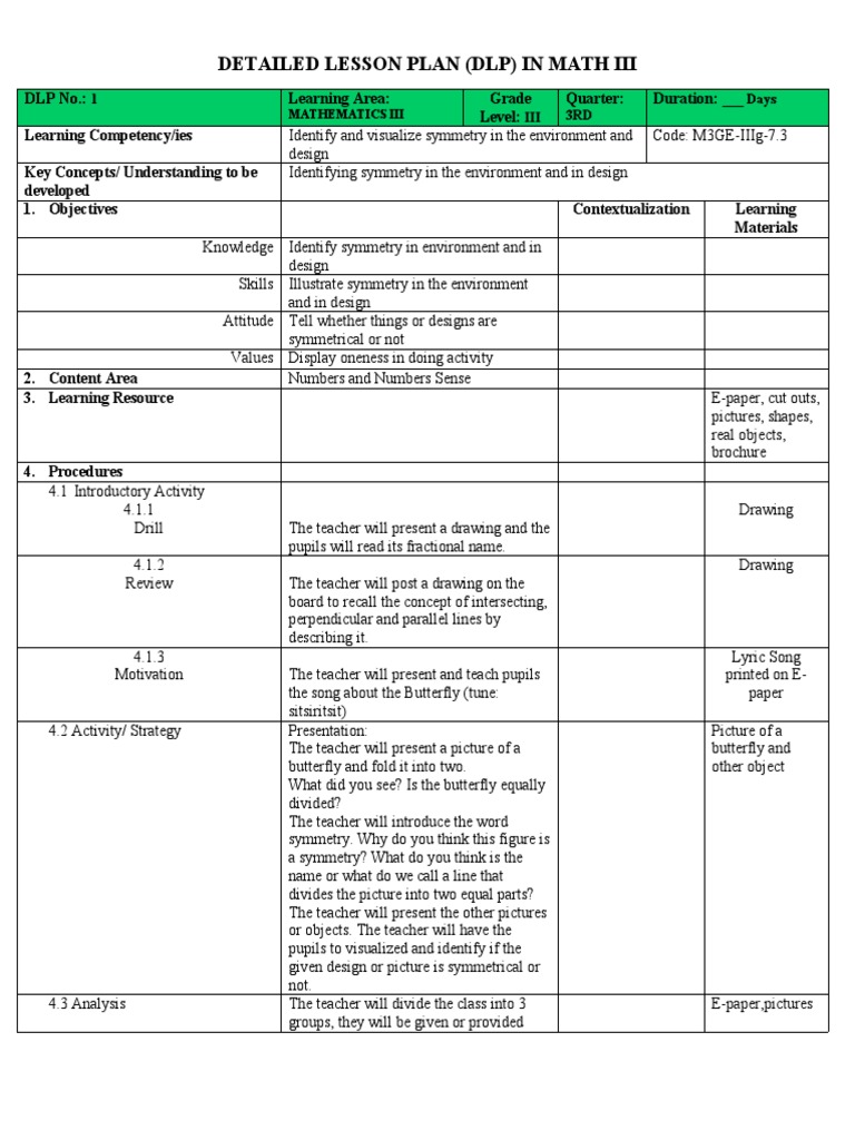 Detailed Lesson Plan Dlp In Math Iii Lea Pdf Symmetry Learning