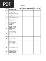 Index List of Expriements Date Grade Remarks Signature