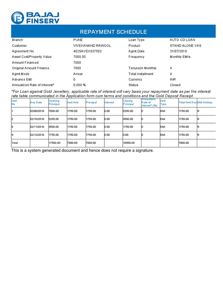 Repayment Report VASSTAND ALONE PDF Interest Loans