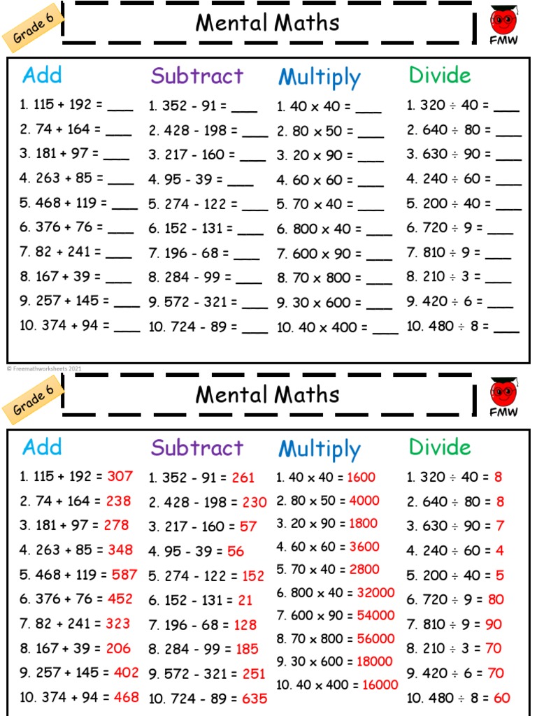 Grade 6 Mental Maths Worksheet 3 | PDF