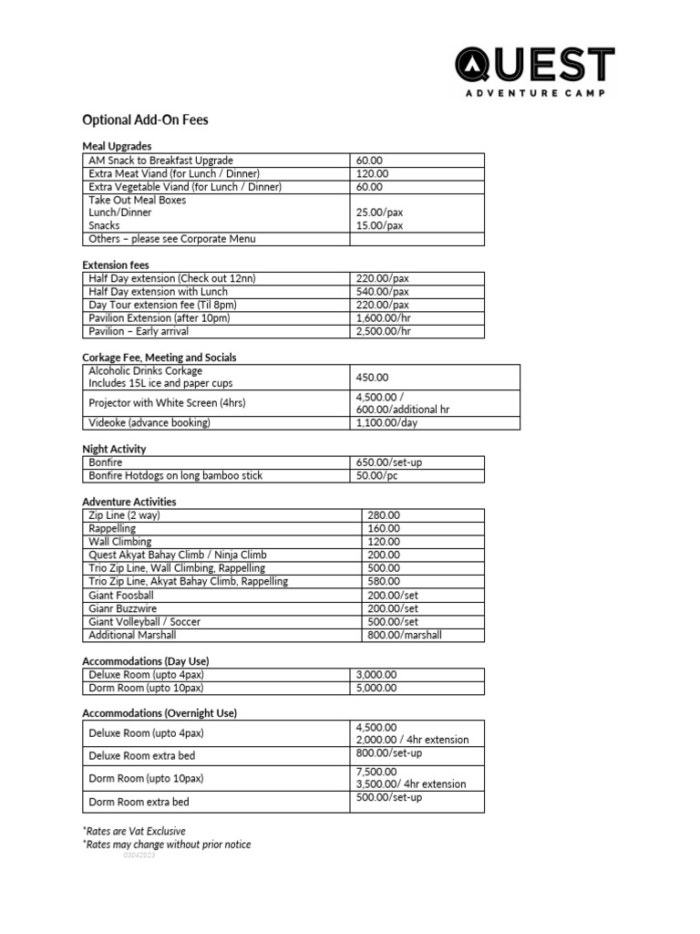 A Comprehensive List of Optional AddOn Fees Including Meal Upgrades