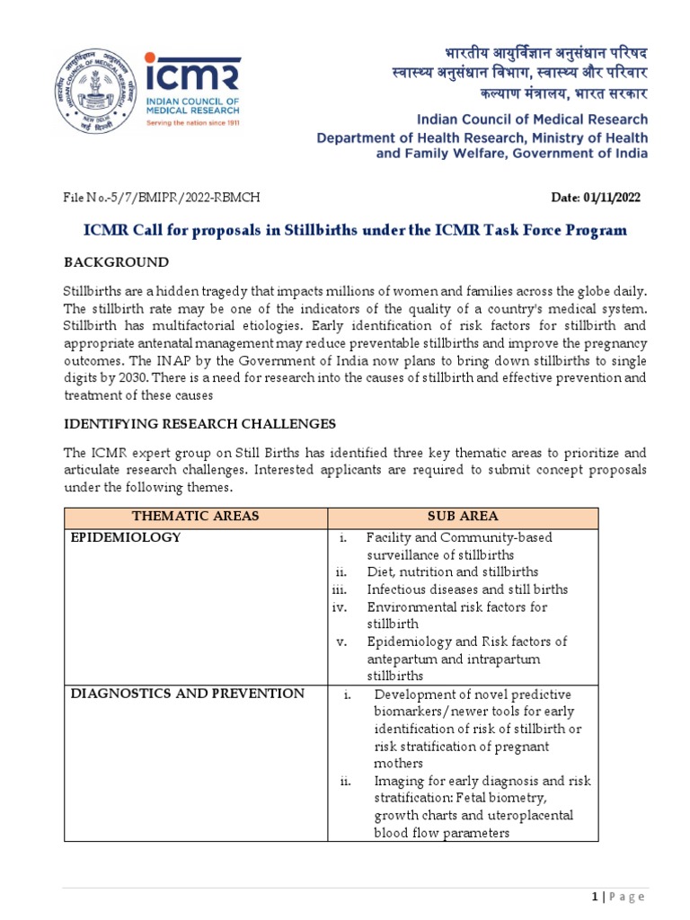 ICMR Call For Proposals in Stillbirth 2022 PDF PDF Pregnancy
