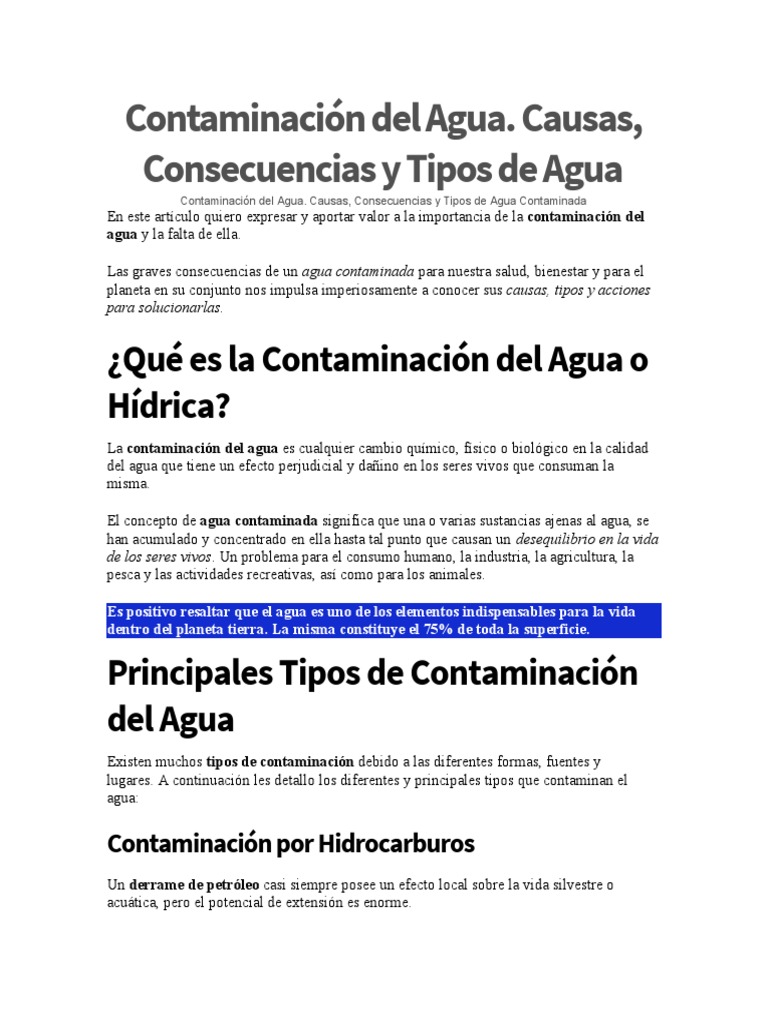 Causas y Tipos de Contaminación del Agua | PDF | Agua | La ...