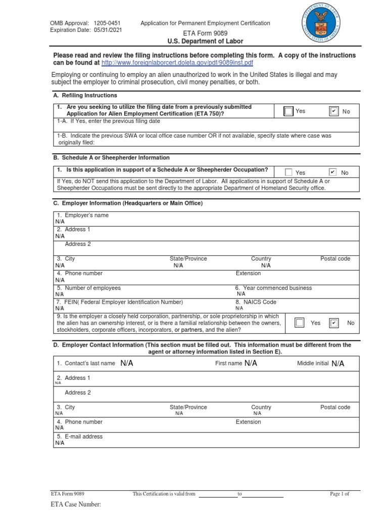 ETA Form 9089: Employment Certification Guide | PDF | Employment ...
