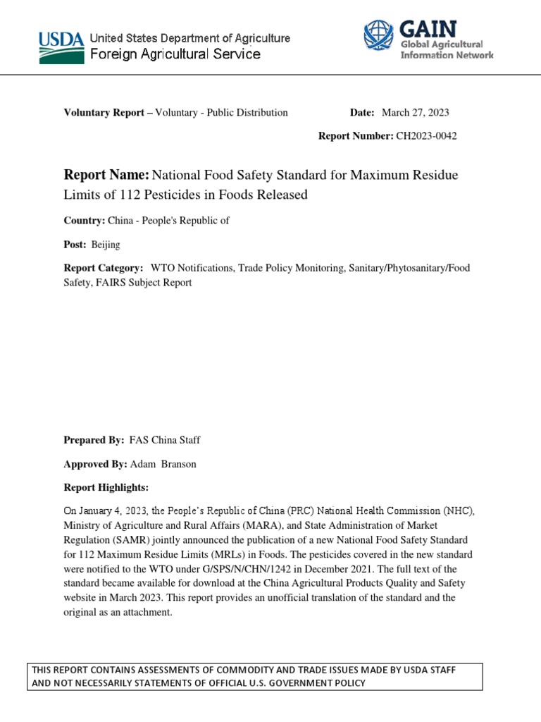 National Food Safety Standard For Maximum Residue Limits of 112