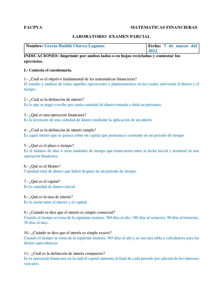Examen Parcial de Matemáticas Financieras | PDF | Interés | Finanzas ...