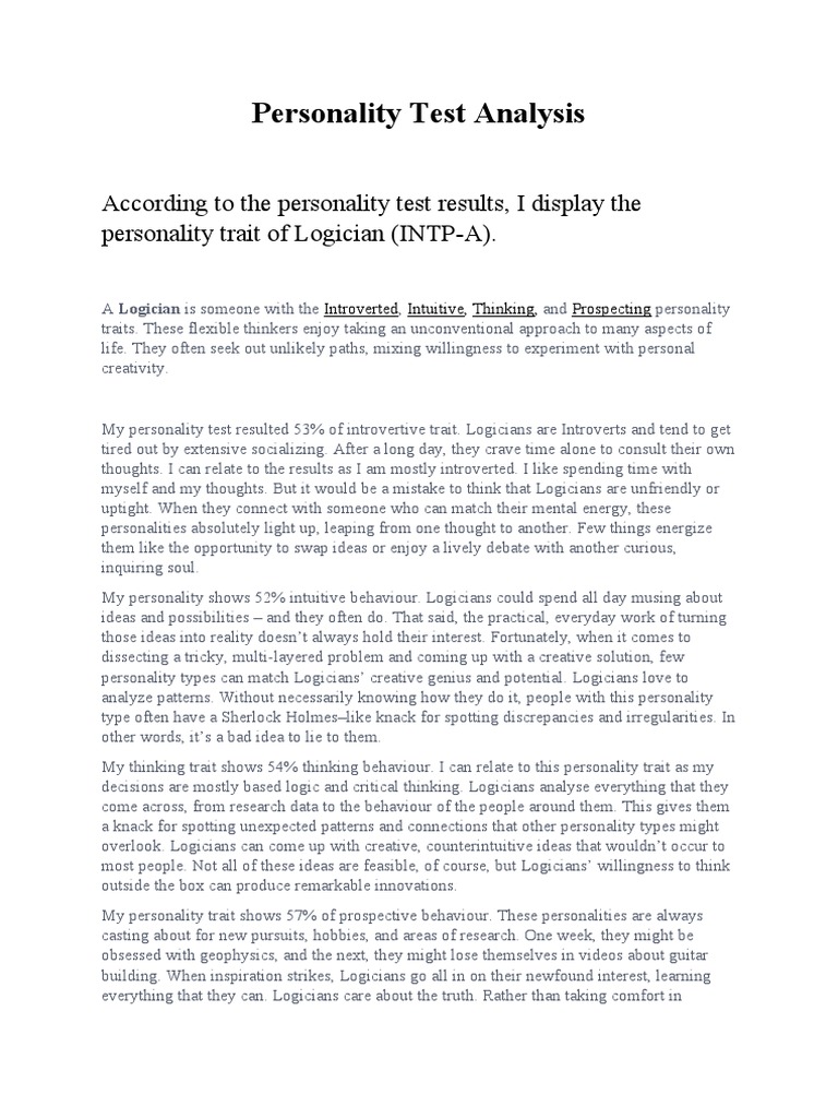 OB 1 Personality Test Analysis PDF Extraversion And Introversion