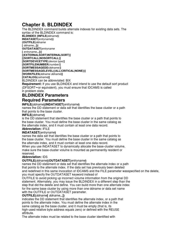 Chapter 8. BLDINDEX: BLDINDEX Parameters Required Parameters | PDF ...