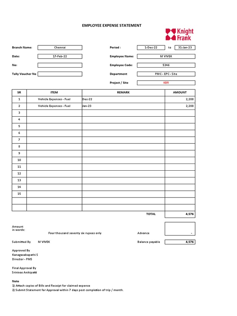Employee Expense Statement Summary | PDF | Transport