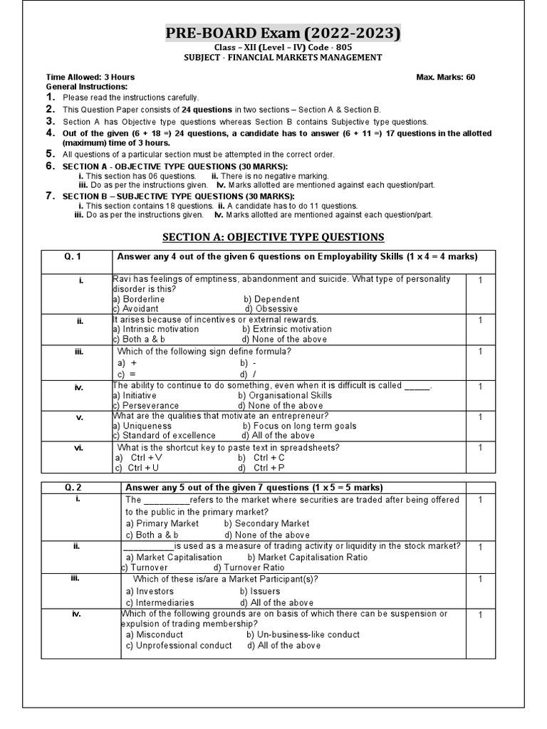 PREBOARD Exam (20222023) Section A Objective Type Questions PDF