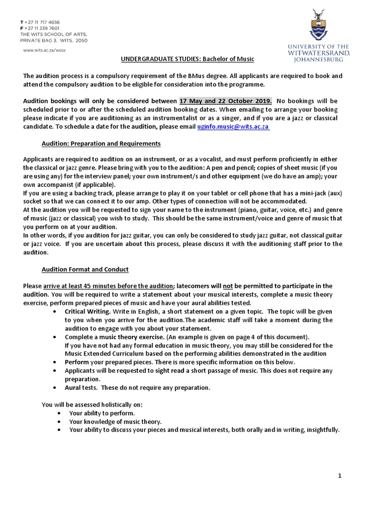 Wits MusicAudition Requirements2019 PDF Audition Jazz