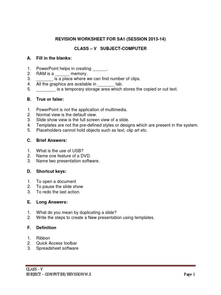 Class 5 Computer Revision Worksheet | PDF | Computers