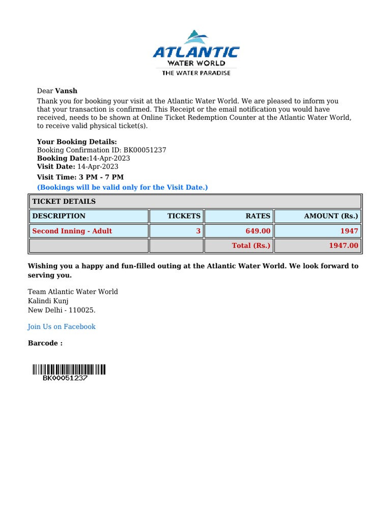 Atlantic Water World Ticket | PDF