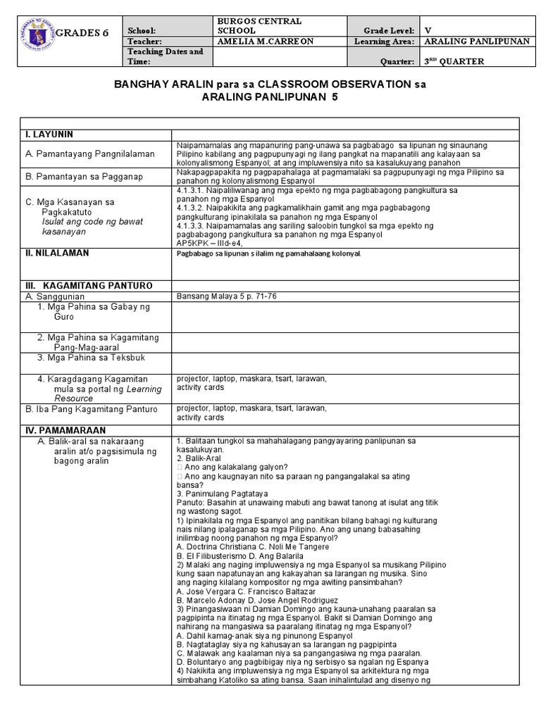 CO LESSON PLAN IN AP 5 | PDF