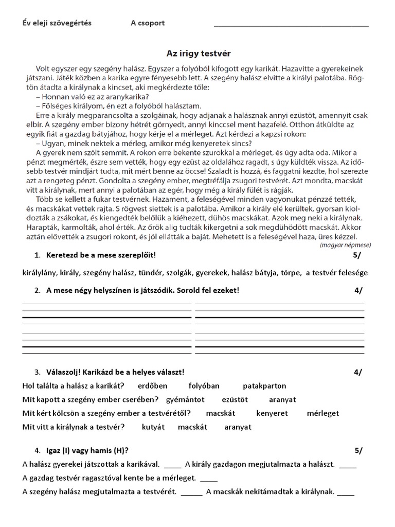 Év Eleji Szövegértés ABC Csoport | PDF
