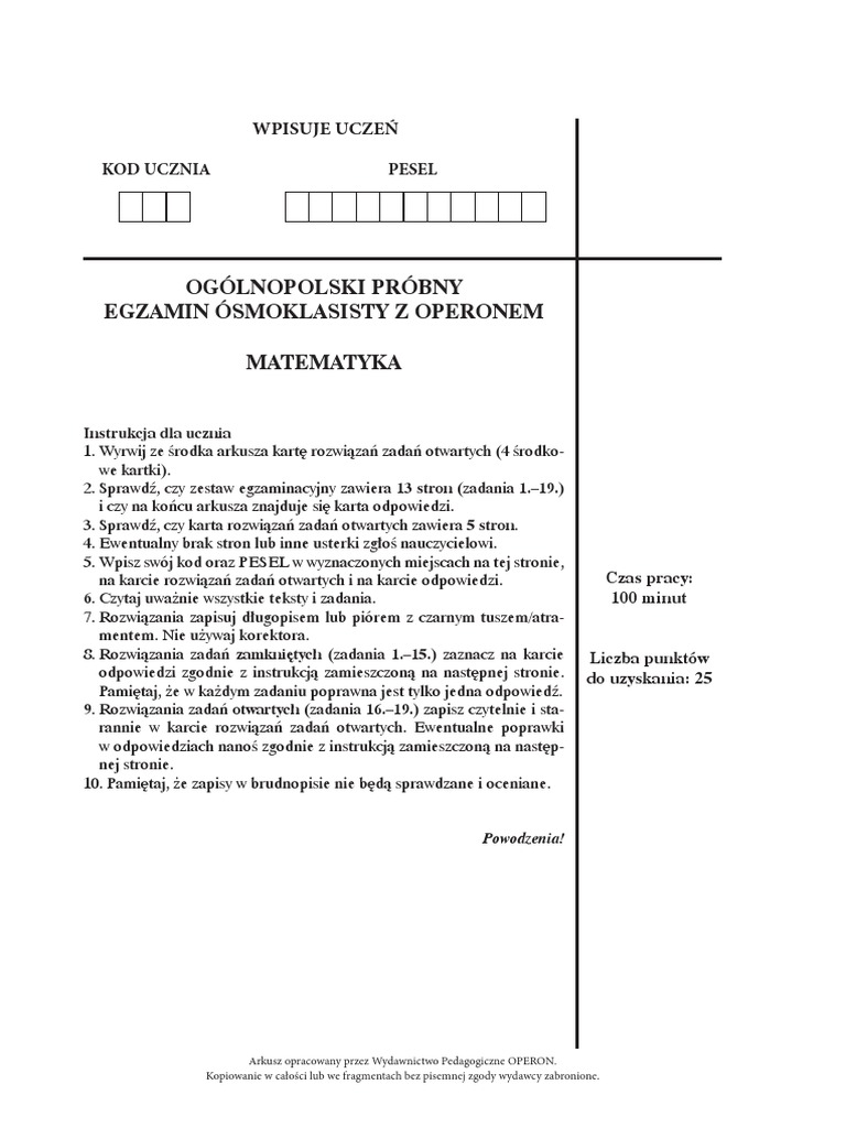 Opracowanie Wyników Egzaminu ósmoklasisty Z Matematyki Ogólnopolski Próbny Egzamin Ósmoklasisty Z Operonem Matematyka | PDF