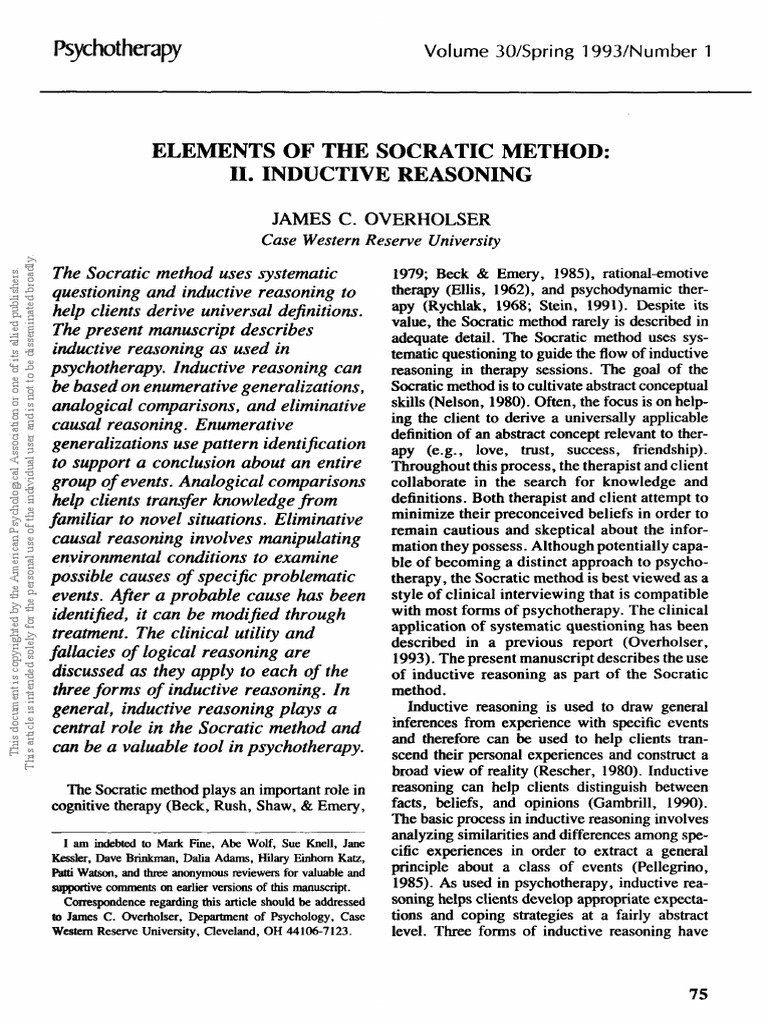 Elements of The Socratic Method: Ii. Inductive Reasoning: Psychotherapy ...