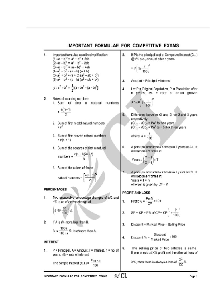 Formula List For Aptitude Test | PDF