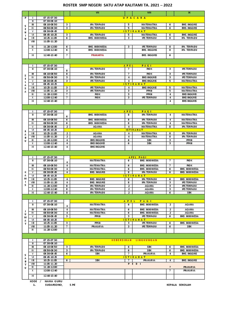 Roster Pelajaran SMP Kurikulum Merdeka | PDF