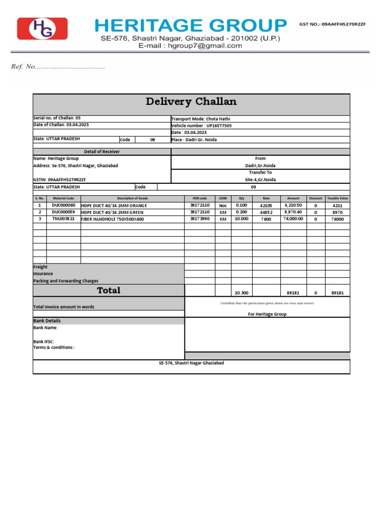 Delivery Challan: Total | Download Free PDF | Service Industries ...