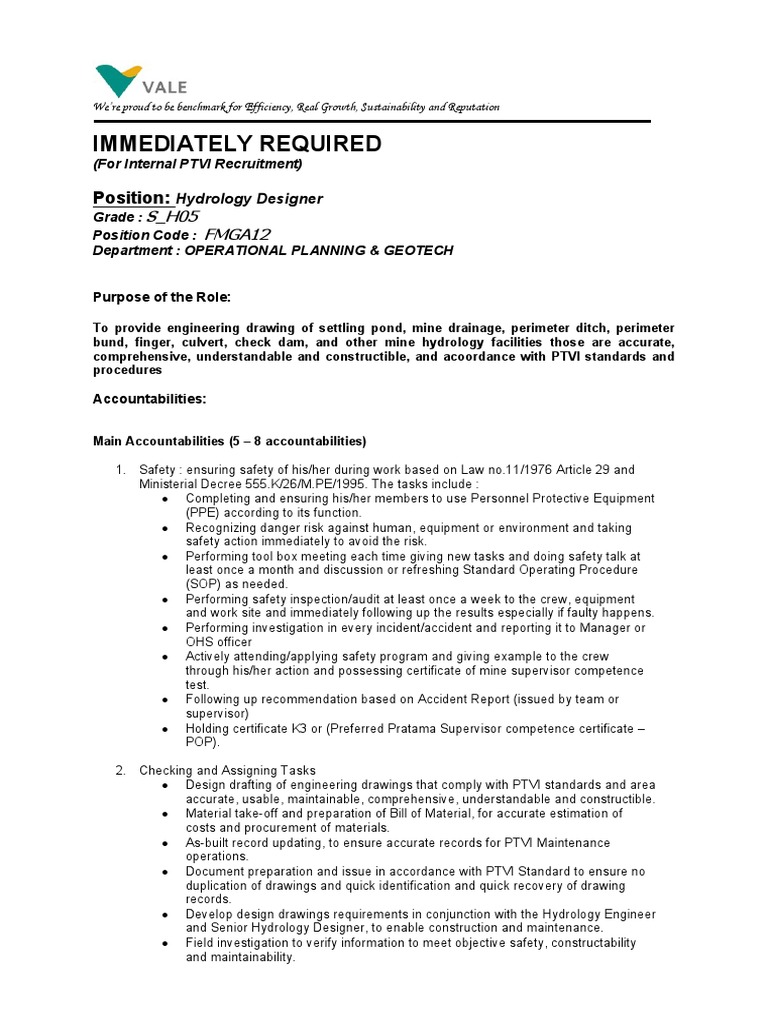 Job Vacancy Hydrology Designer PDF Safety Personal Protective