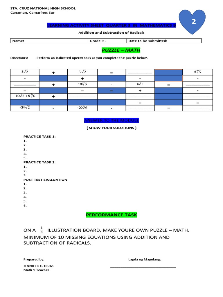 Puzzle Math Learning Activity Sheet Quarter 3 in Mathematics 9 PDF