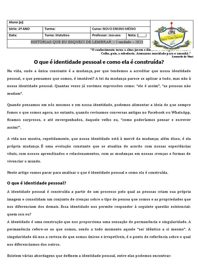 O Que É Identidade Pessoal e Como Ela É Construída - 2º Ano | PDF ...