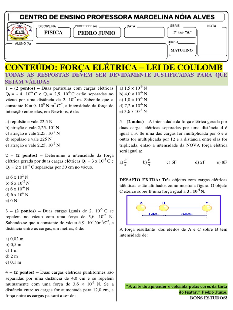 1 Atividade de FÍSICA 2022 - Força Elétrica | PDF