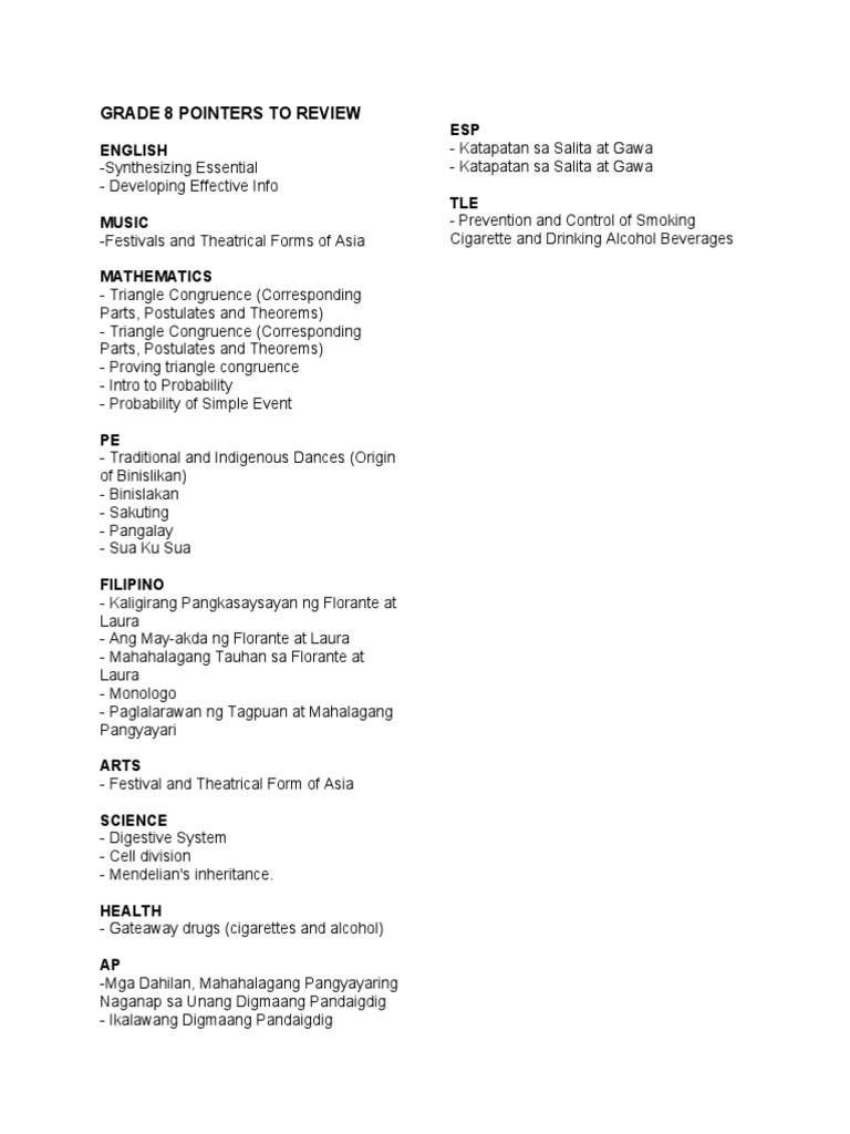Grade 8 Review Pointers Across Subjects | PDF