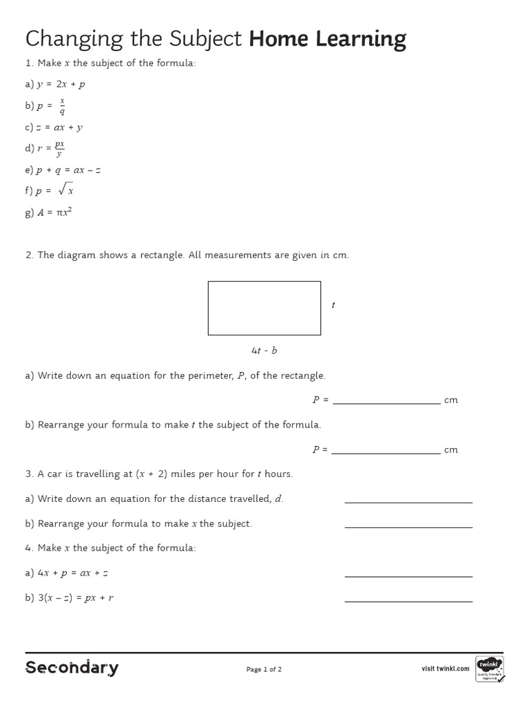 Changing The Subject Home Learning PDF Elementary Mathematics
